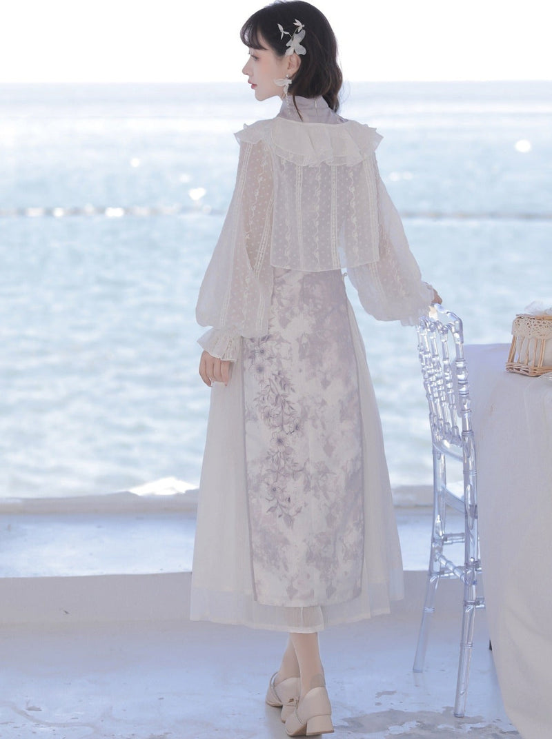 Light Purple Flower Chinese-style Dress + Ruffle Sheer Cardigan