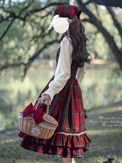 Little Red Riding Hood Cape Ribbon Coat + Pleated Collar Shirt + Plaid Tiered Dress + Head Scarf