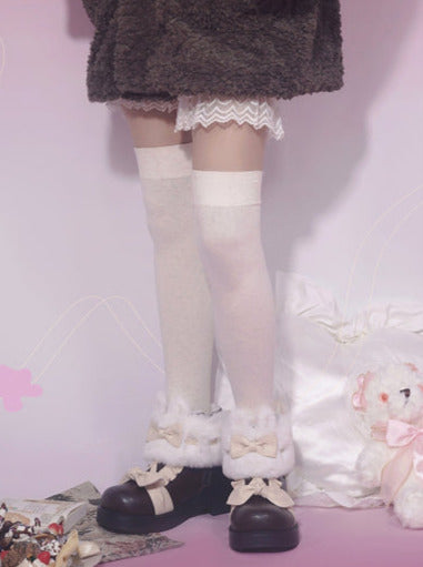 Snow Lolita Mid-heel Color Block Ribbon Sweet Velvet Short Boots