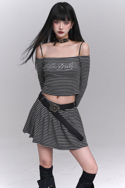Striped Off-shoulder Top + Short Skirt