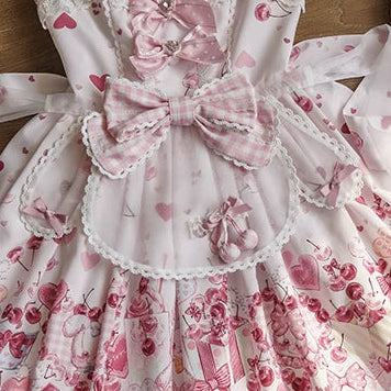 [pre-order Deadline: May 5] Pink Cherry Print Lace Ribbon Bunny Ear Apron Jsk Dress + Accessories