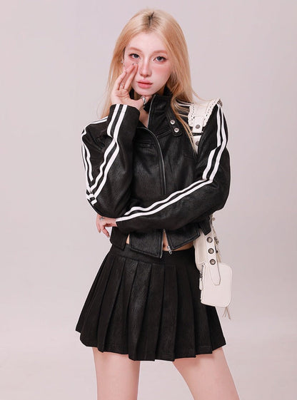 Line Leather Jacket + Pleated Skirt