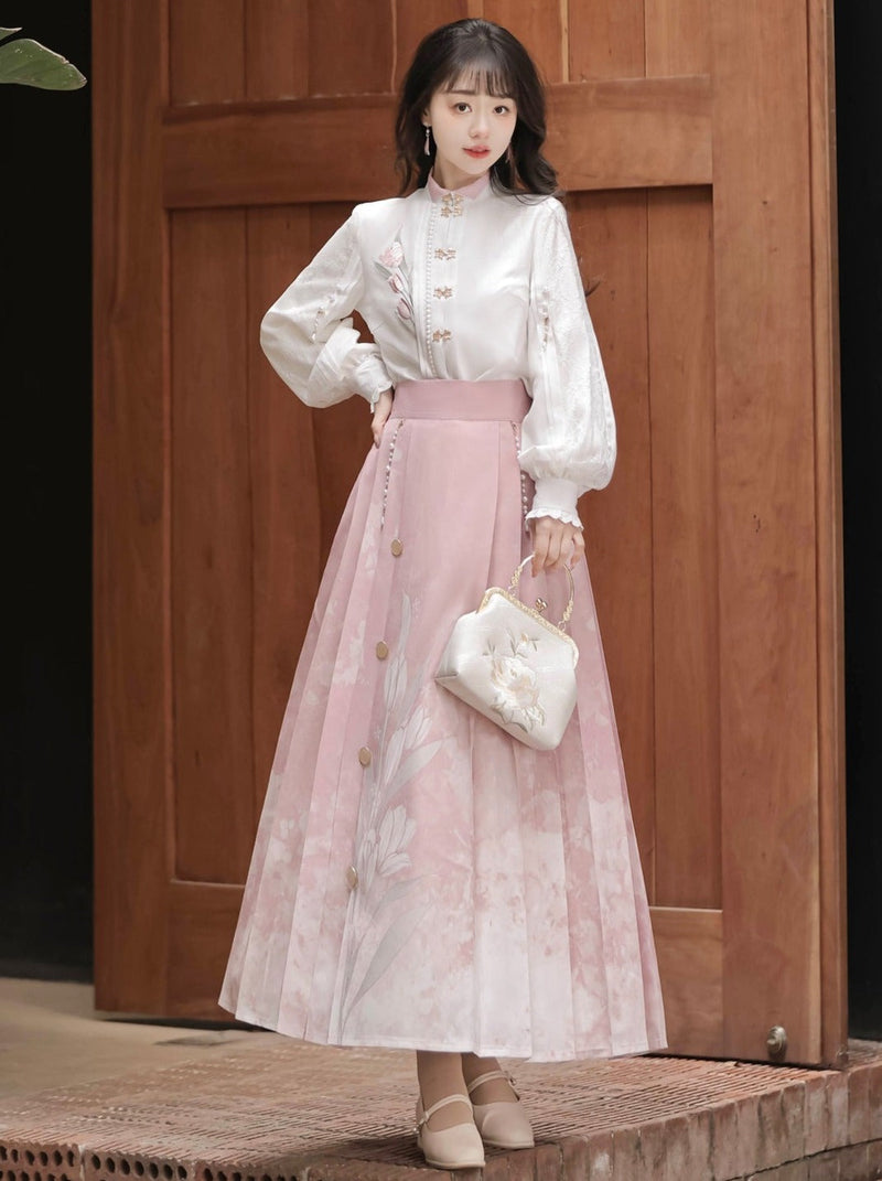 Sweet Chinese-style Blouse + Sweet Flower Pleated Skirt + Lace Ribbon Shawl