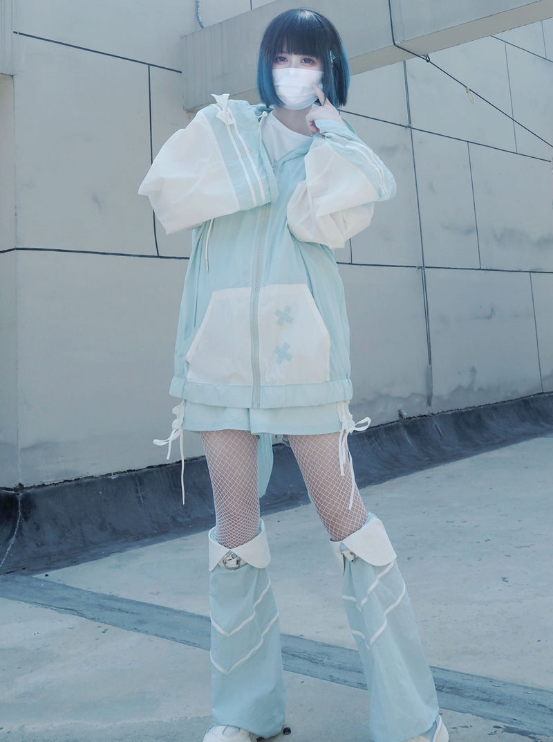 [angel Style] Aqua Angel Subculture Hooded Hoodie + Ribbon Shorts + Leg Warmers