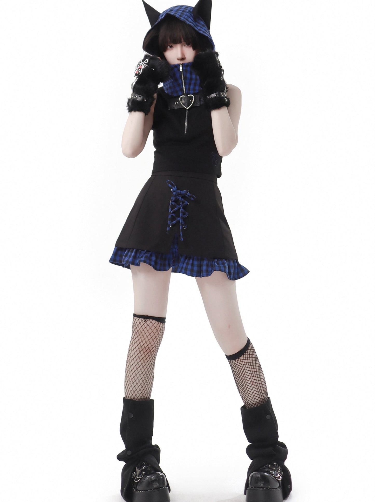 Blue Plaid Stitch Cat Ear Hoodie Summer Strap Design Suit