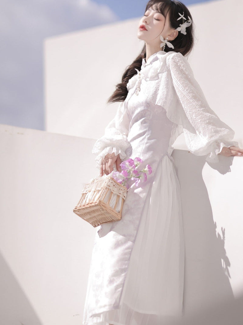 Sheer Cardigan + Flower Cheongsam Dress + Pleated Skirt
