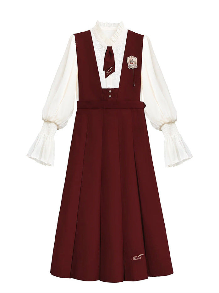 Retro College Lace Chiffon Shirt + Red Sundress + Red Necktie + Emblem Badge