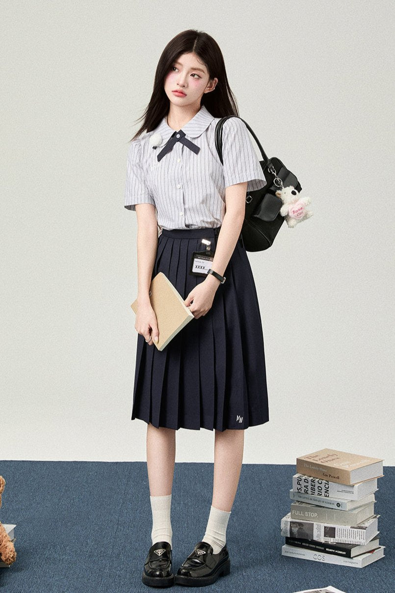 Flower Bell Tie Short Sleeve Shirt + Short Skirt + Long Skirt
