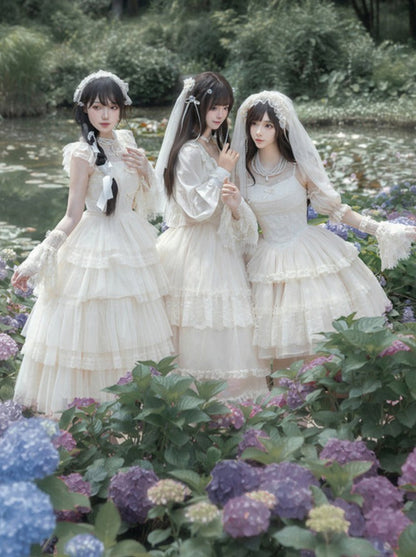 [pre-order] Pure White Girly Lolita Dress + Cardigan + Inner Top + Veil + Sleeves