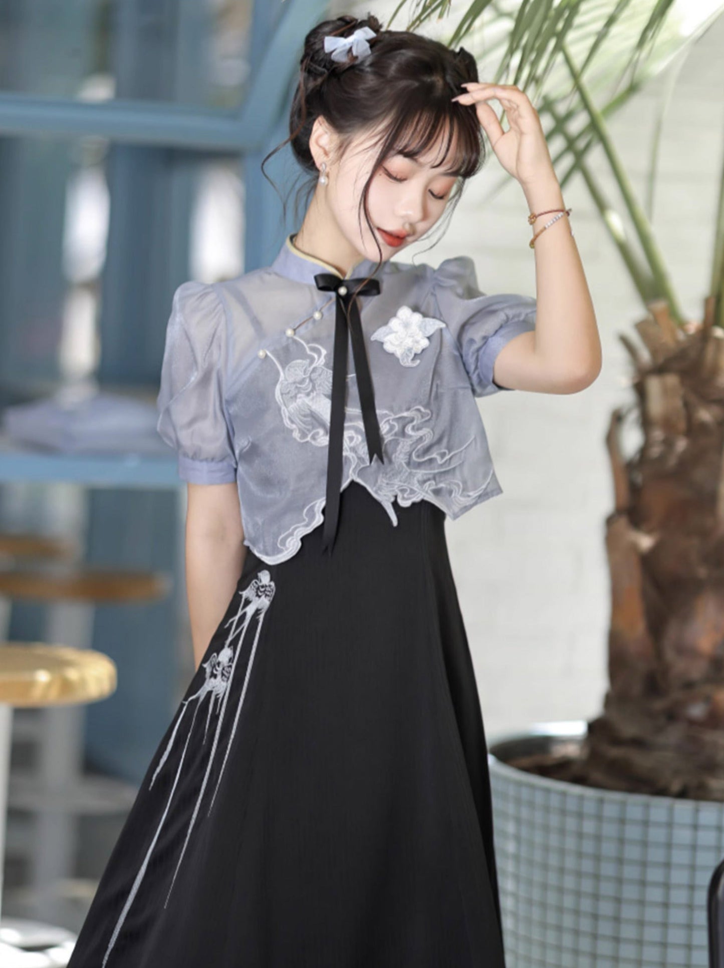 Sheer Short Chinese-style Shirt + Suspender Dress [short / Long] + Bag
