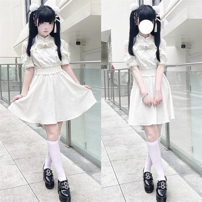 Chinese-style Lace Ribbon Off-shoulder Dress