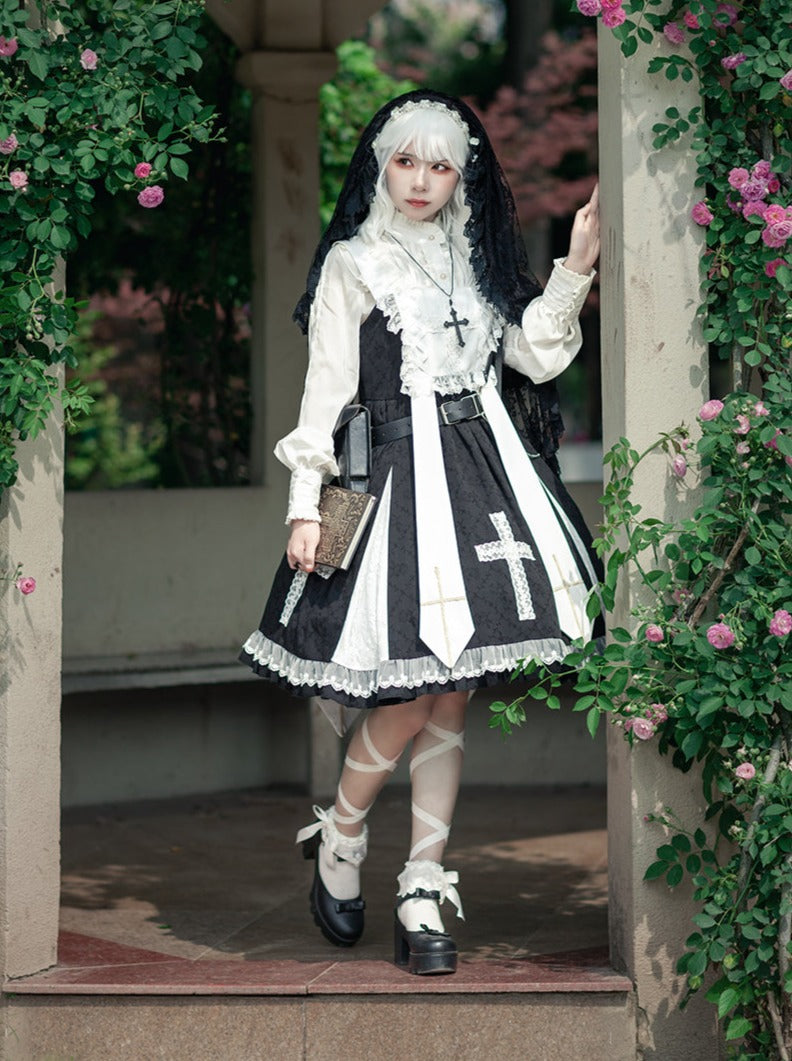 Cross Lolita Dress + Short Jacket + Headband + Veil + Collar