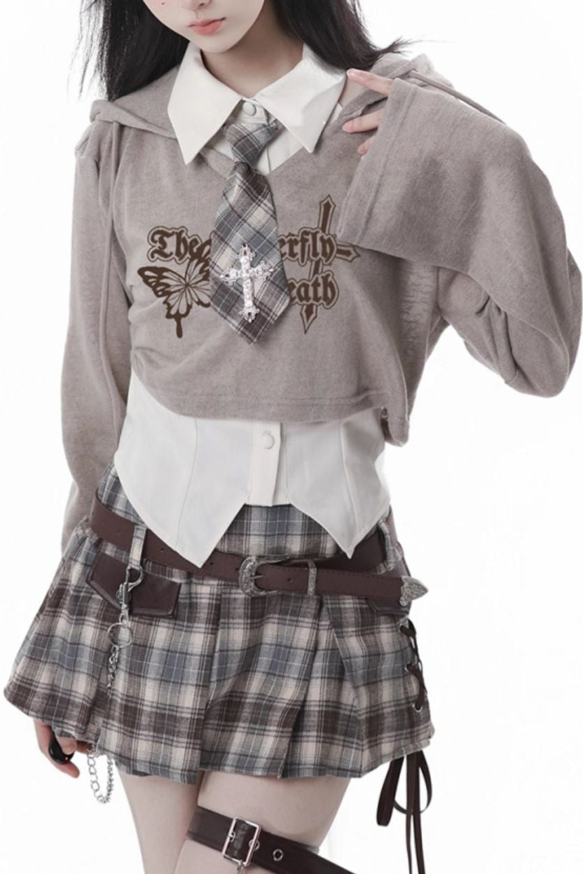 Y2k Hooded Crop Top + Sleeveless Shirt With Tie + Plaid Culottes