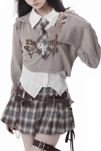 Y2k Hooded Crop Top + Sleeveless Shirt With Tie + Plaid Culottes