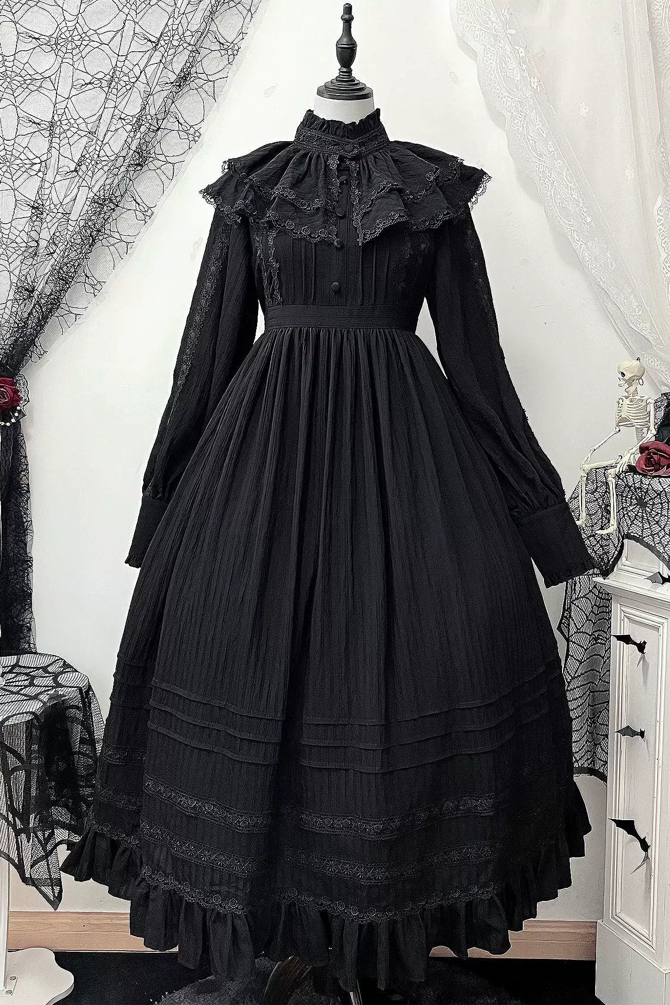 Dark Gothic Long Dress + Lace Collar