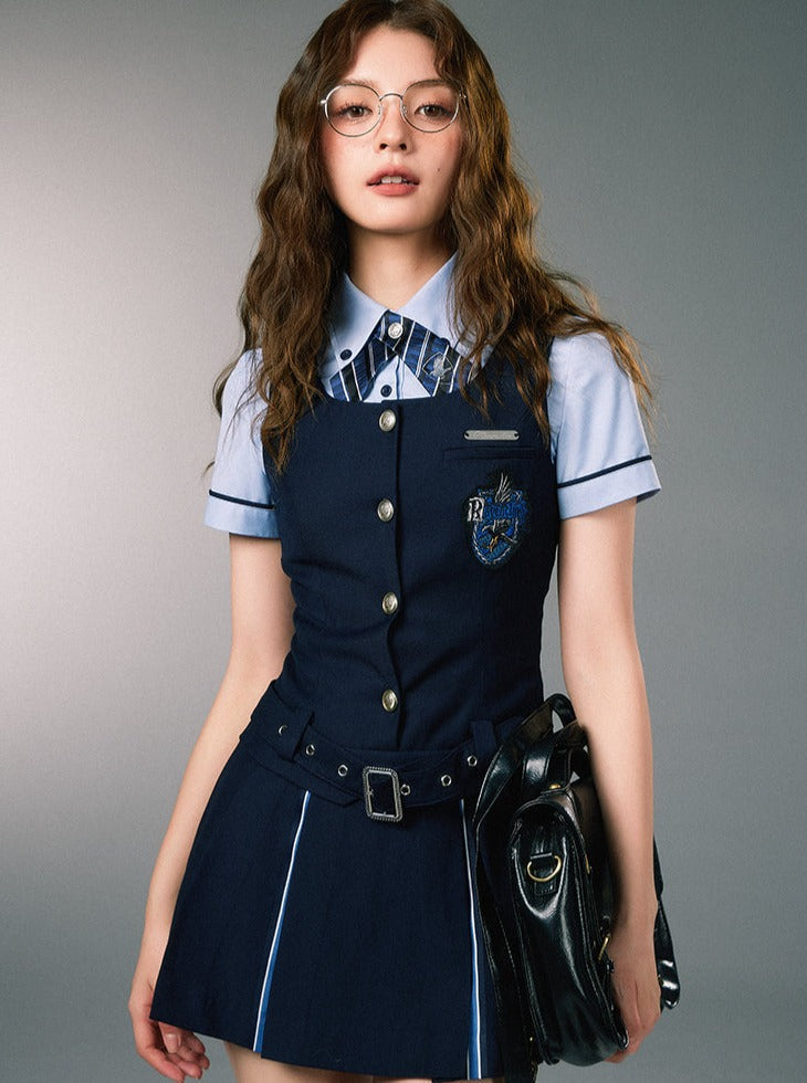 V-neck College Suspender Skirt + Accent Short Shirt