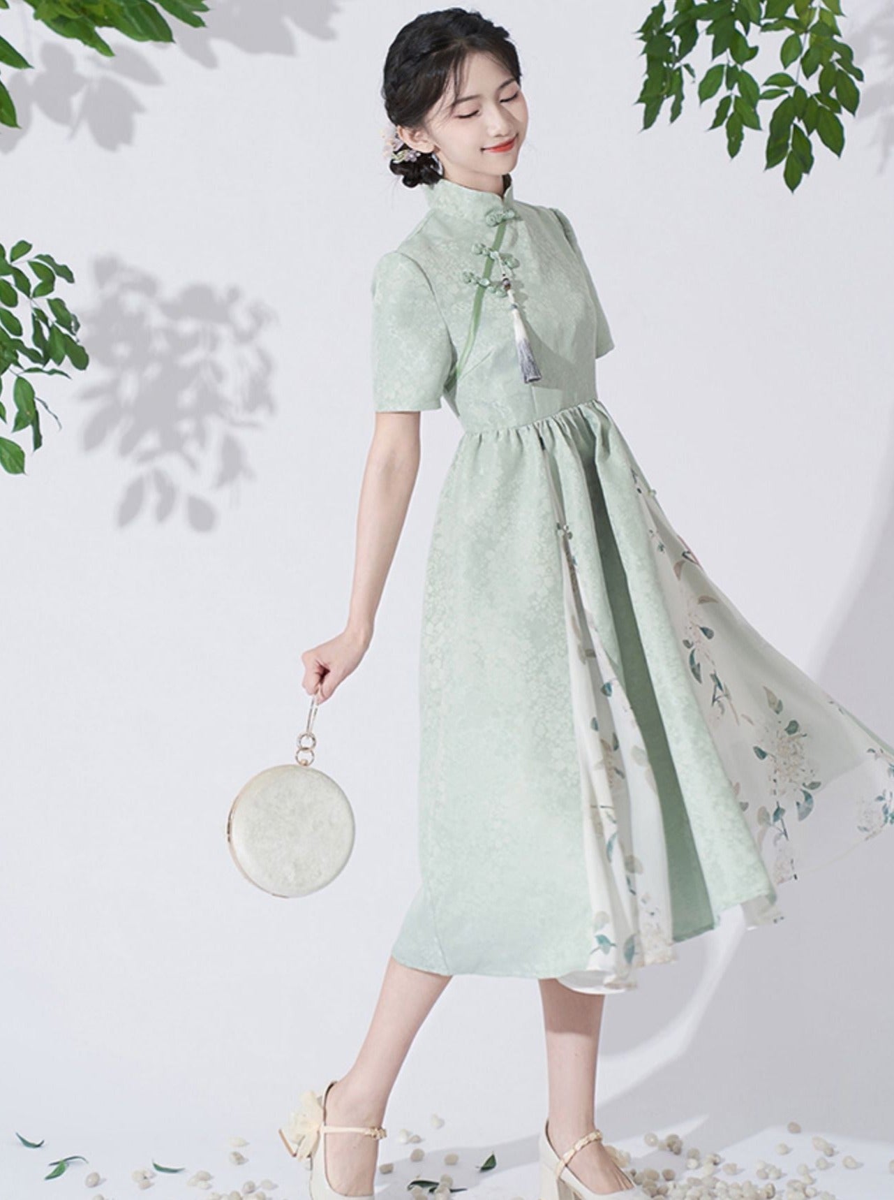 Retro Buckle Stand Collar High Waist Chinese-style Dress