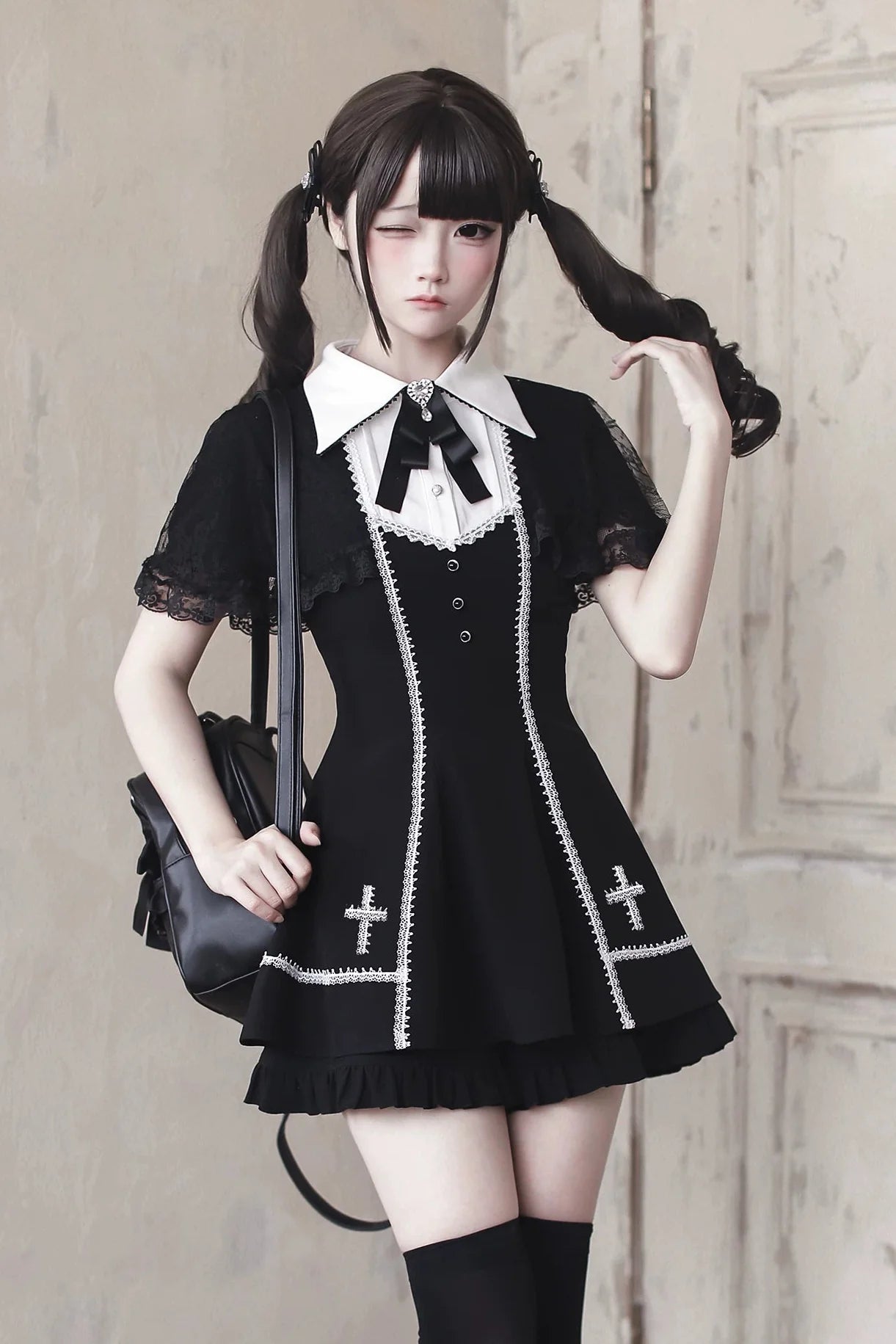 [pre-order Deadline: April 29] Black Gothic Cape Sleeve Cross Detail Ribbon Collar Dress Set