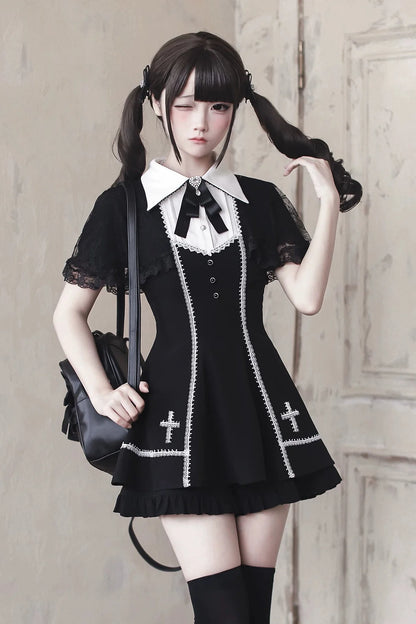 [pre-order Deadline: April 29] Black Gothic Cape Sleeve Cross Detail Ribbon Collar Dress Set