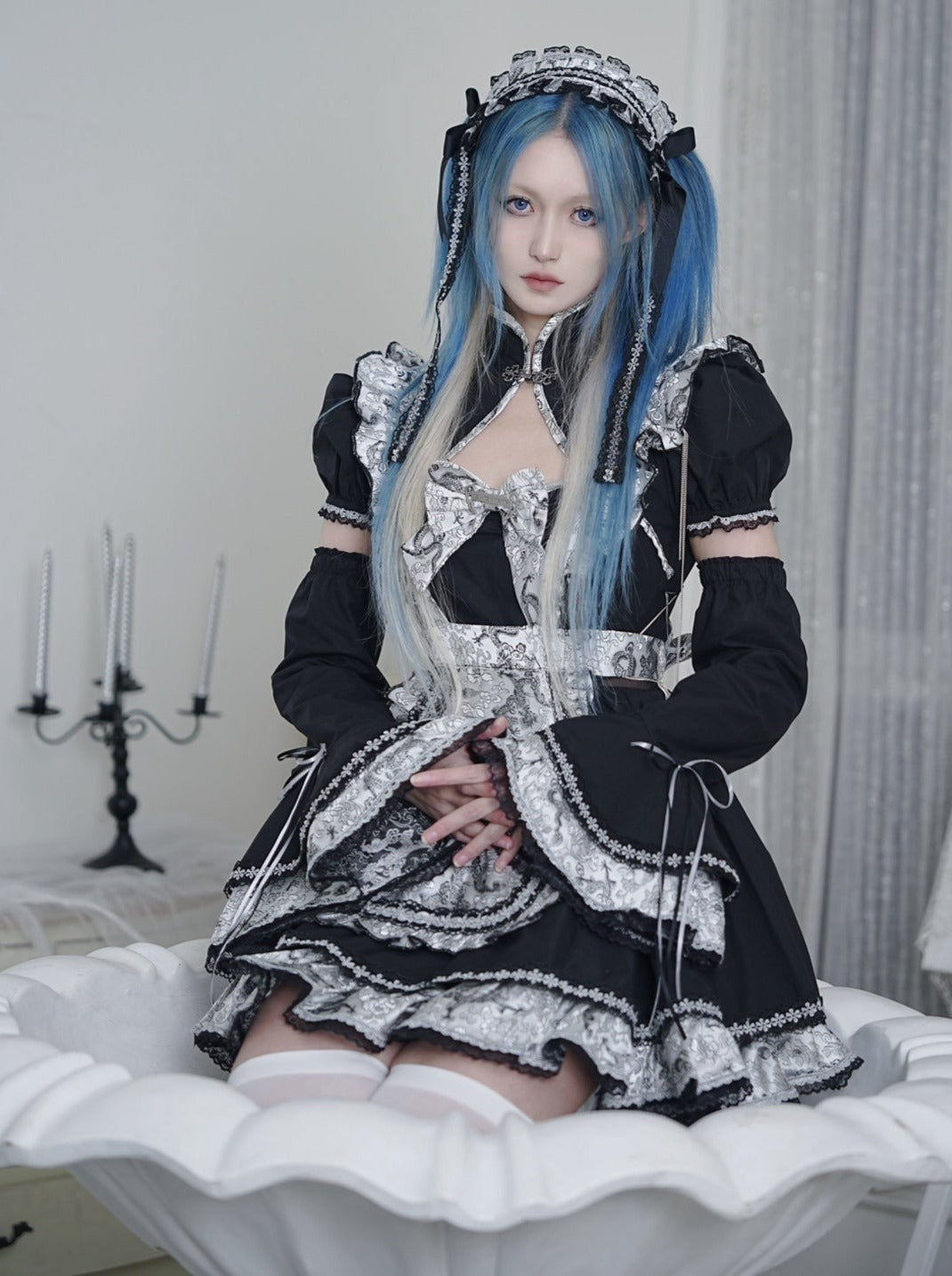 Silver Dragon Maid Gothic Dress + Apron + Arm Cover