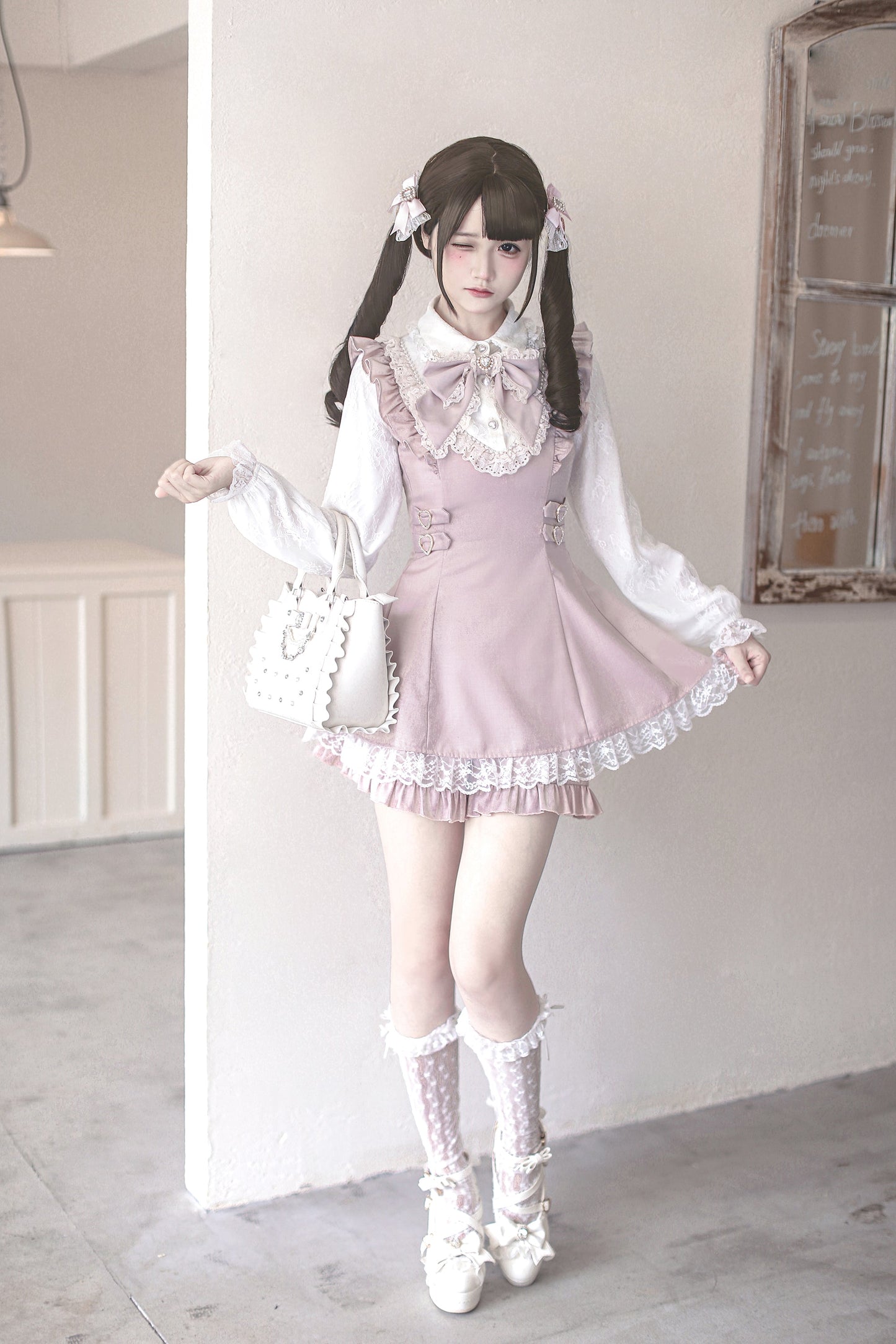 [pre-order Deadline: September 14] Pink White Ruffled Dress Set + Jewel Ribbon