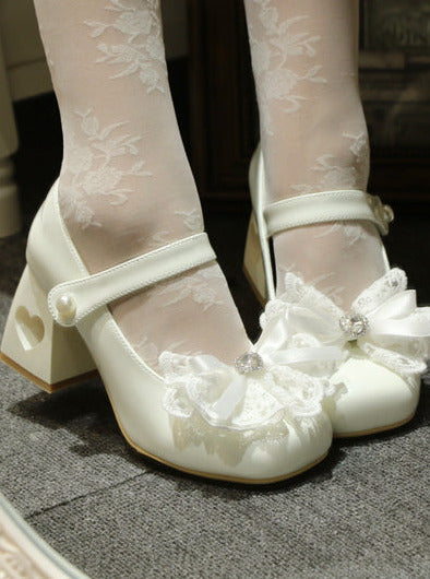 Lolita French Lace Ribbon Square Toe Love Heel Shoes