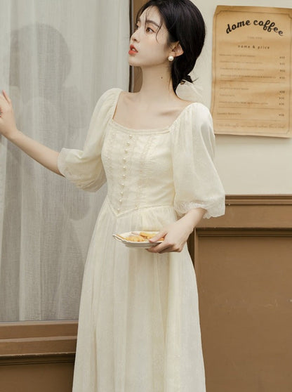 French Square Neck Lantern Sleeve Dress