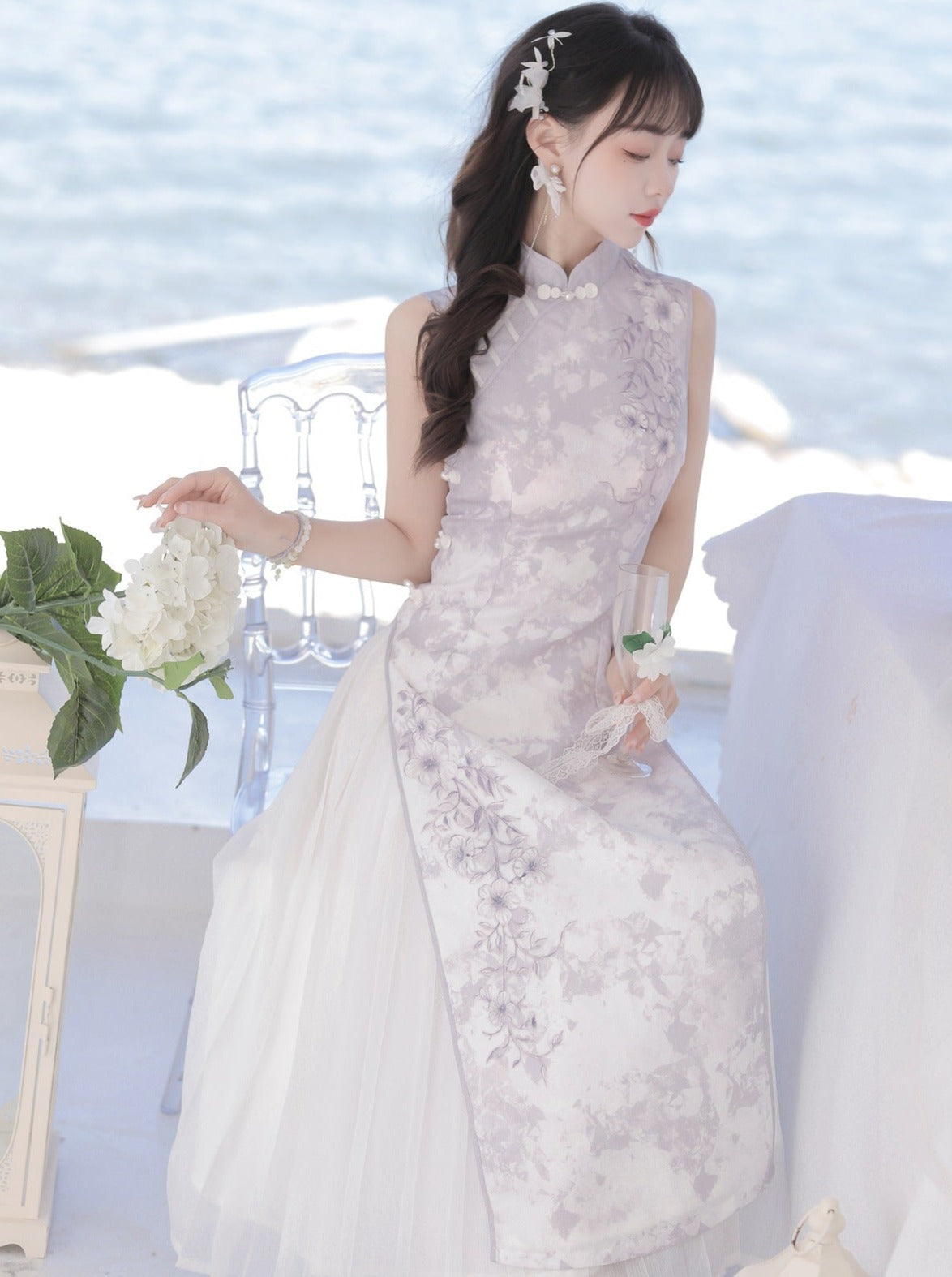 Sheer Cardigan + Flower Cheongsam Dress + Pleated Skirt