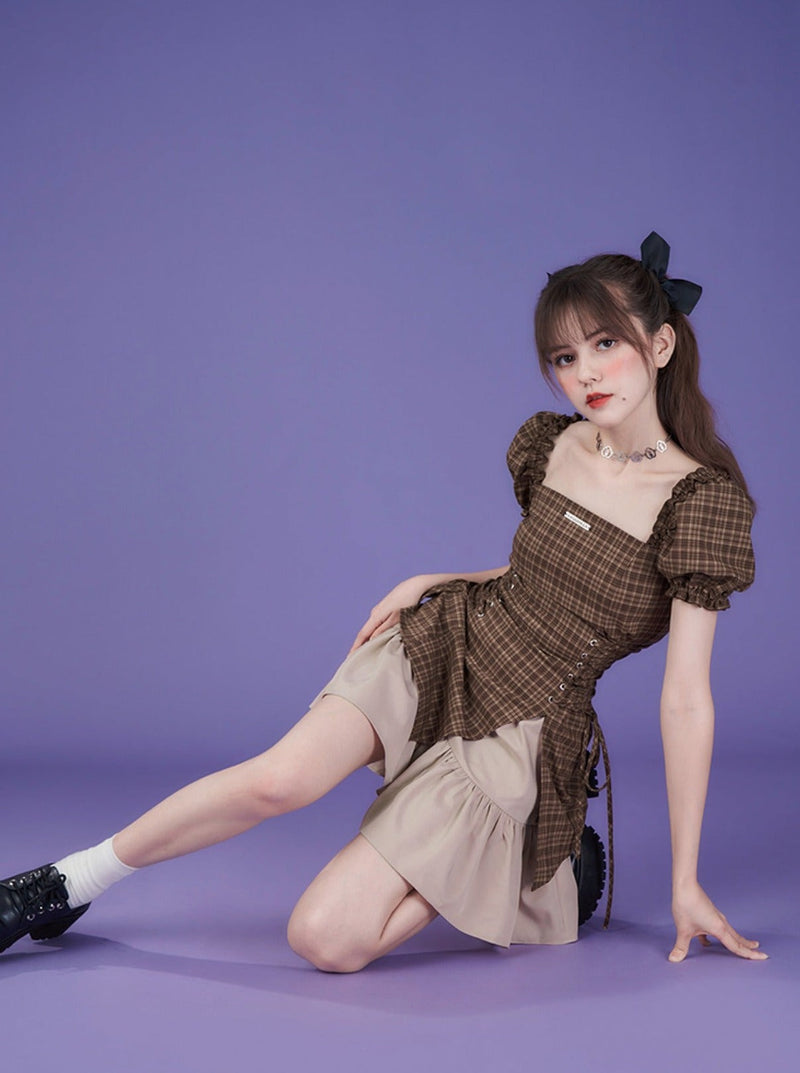 Pure Cool Design Coffee Color Plaid Dress