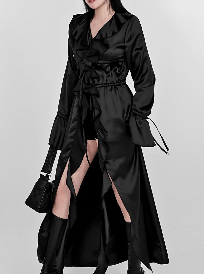 Ruffle Lace Drawstring Waist Shirt Extra Long Jacket