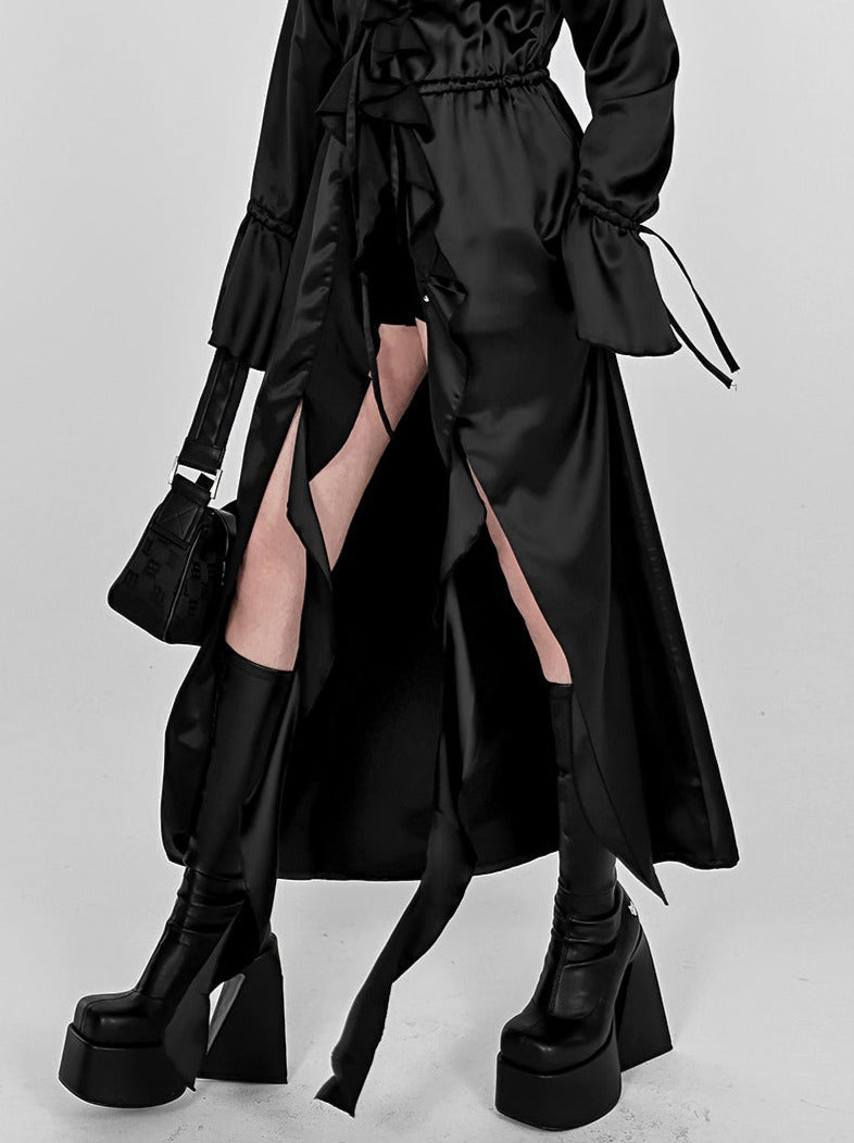 Cool Ruffle Tassel Drawstring Long Shirt Dress