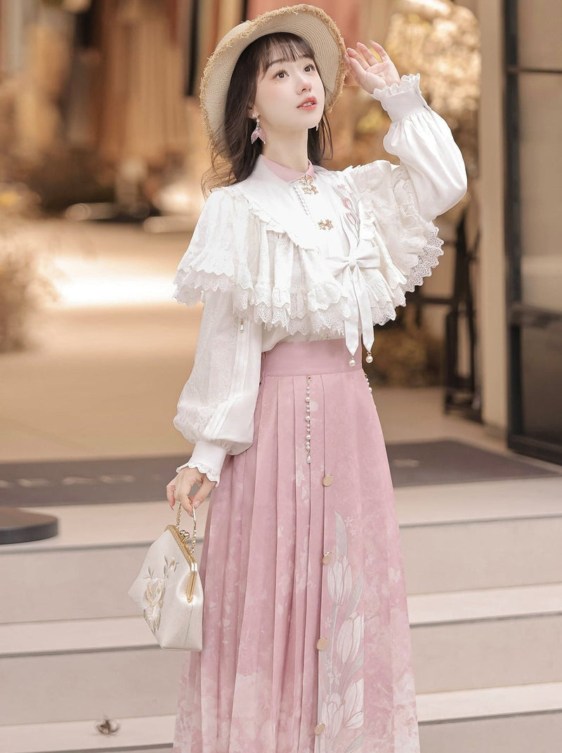 Sweet Chinese-style Blouse + Sweet Flower Pleated Skirt + Lace Ribbon Shawl
