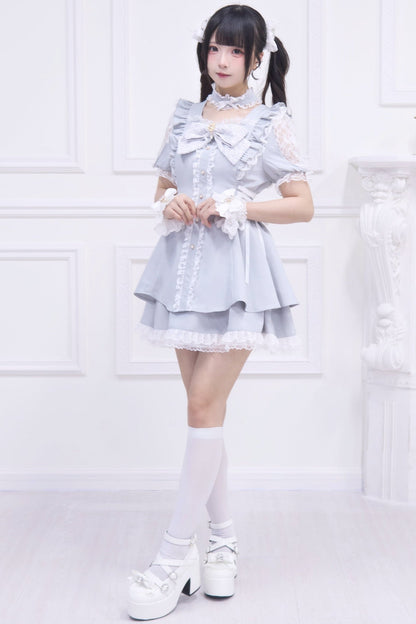 Jirai Stripe Lace Puff Sleeve Top + Short Skirt