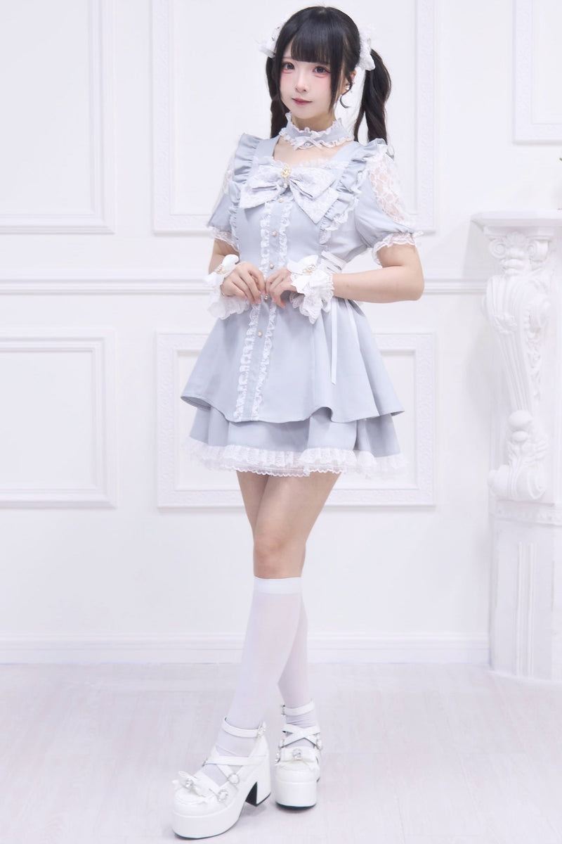Jirai Stripe Lace Puff Sleeve Top + Short Skirt