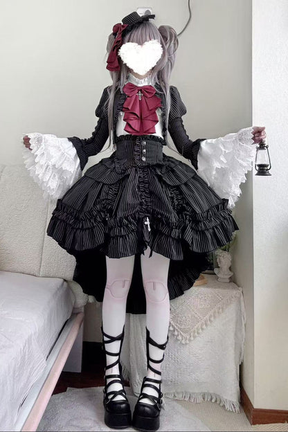 [pre-order Deadline: March 31] Cross Nocturne Gothic Dark Stripe Layered Top + Cross Rose Stripe Pull Up Skirt
