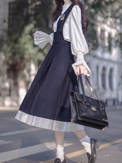 College Style Retro Ruffle Chiffon Blouse + Cyan Dress + Beret + Emblem + Necktie