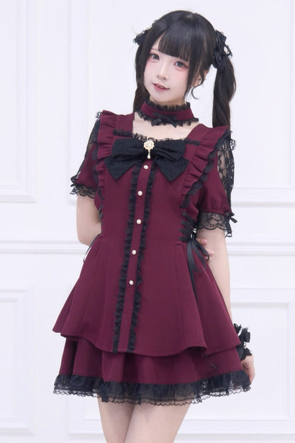 Jirai Stripe Lace Puff Sleeve Top + Short Skirt