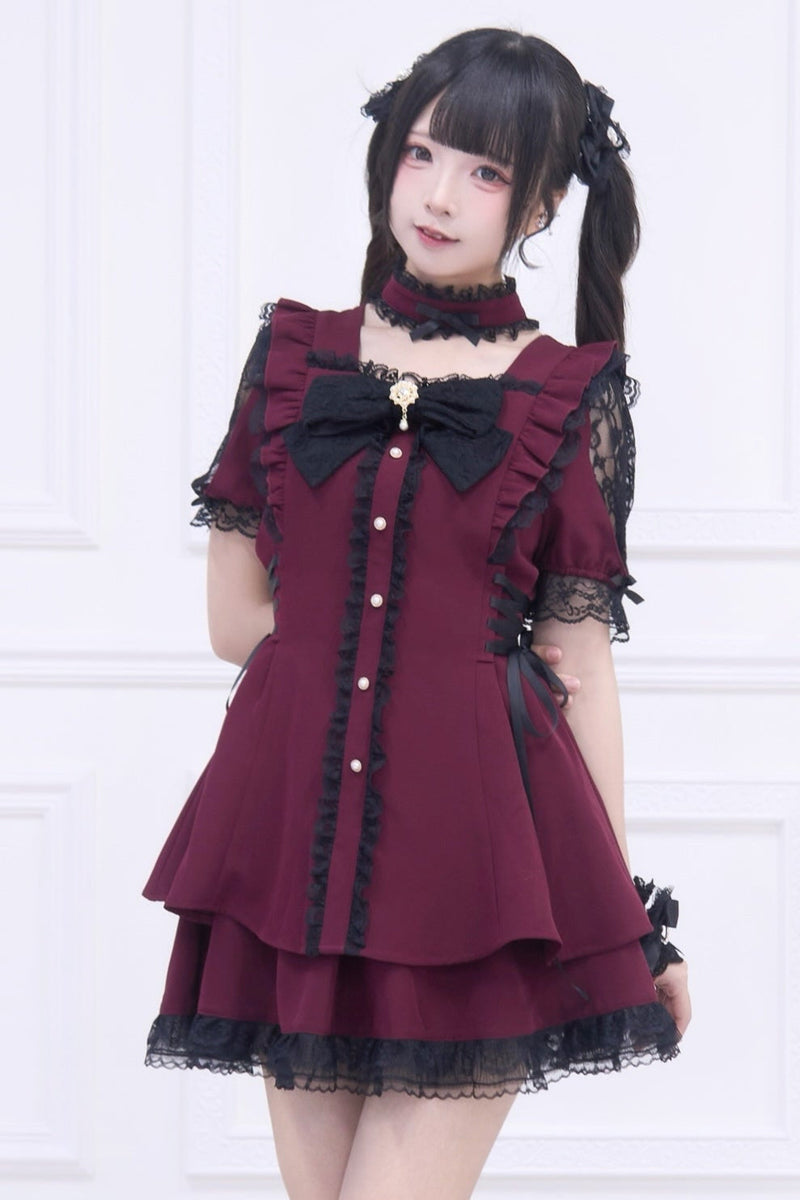 Jirai Stripe Lace Puff Sleeve Top + Short Skirt