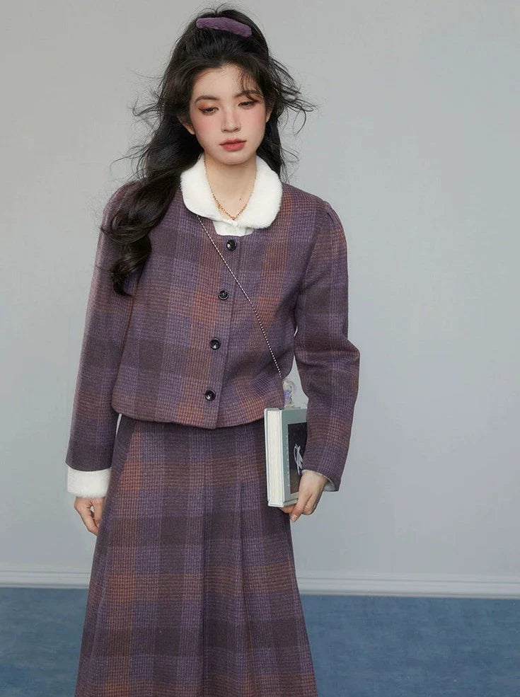 Retro Dark Purple Check Jacket + Long Skirt