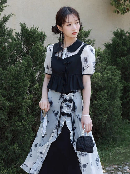 Chinese-style Black White Top Bustier Skirt Three Piece Set