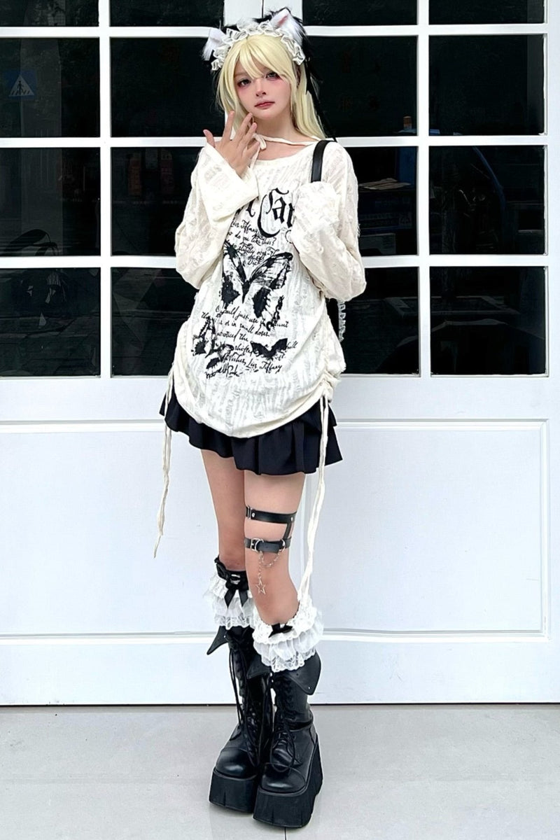 Butterfly Tie Off-shoulder Distressed Top Set
