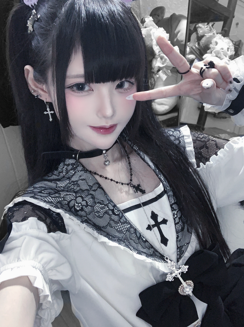 [pre-order] Lace Cross Collar Top + High Waist Skirt