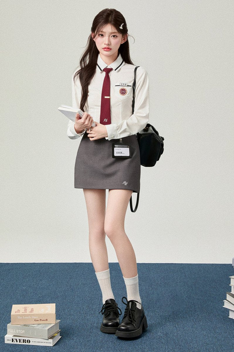 Korean White Waist Cinched Shirt + Gray Back Hip Skirt