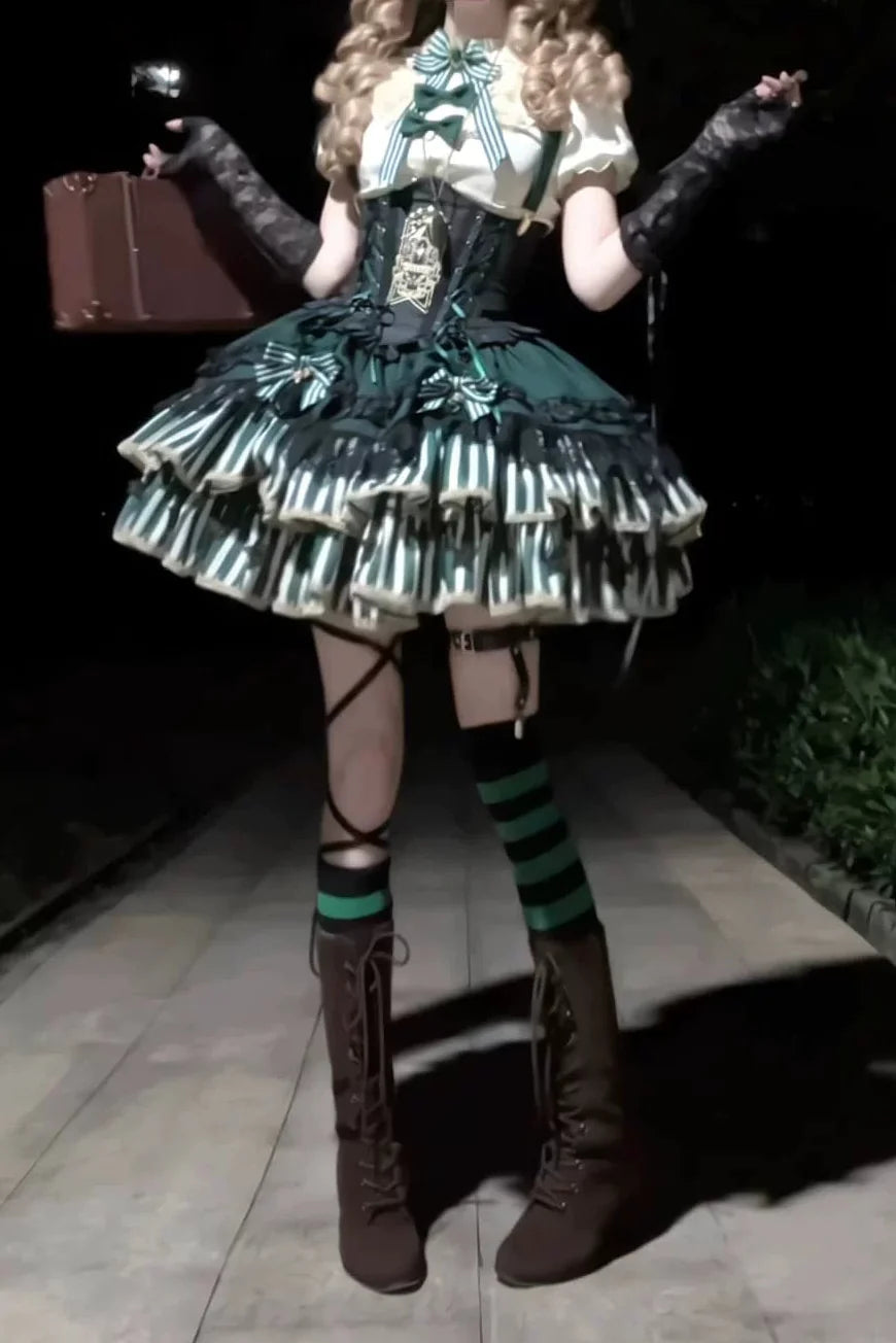 [pre-order Deadline: May 20] Magical Girl Lolita Lace Puff Sleeve Shirt + Black X Green Ribbon Corset Tiered Dress + Mini Hat