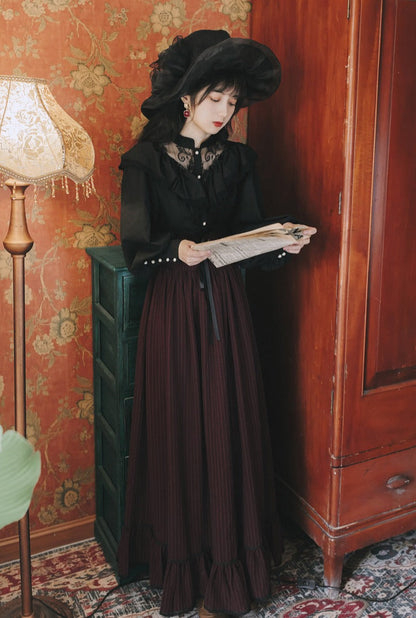 Ruffle Lace Blouse + Striped Corset Skirt