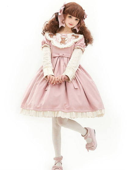 [pre-order] Lolita Teddy Bear Flap Lace Puff Sleeve Ribbon Dress
