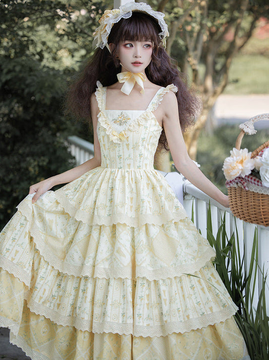 Pastoral Lily Embroidery Print Ruffle Strap Tiered Shawl Dress [pre-order]