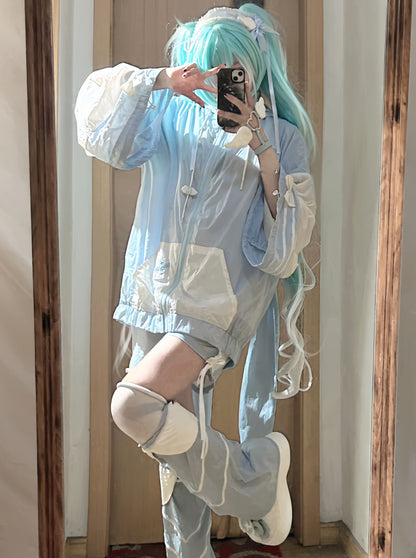 [angel Style] Aqua Angel Subculture Hooded Hoodie + Ribbon Shorts + Leg Warmers