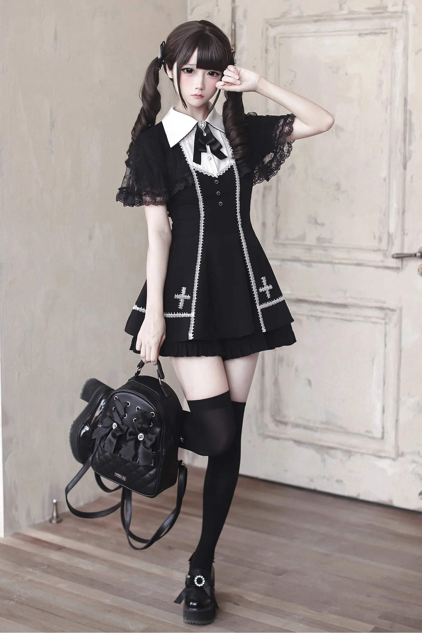 [pre-order Deadline: April 29] Black Gothic Cape Sleeve Cross Detail Ribbon Collar Dress Set