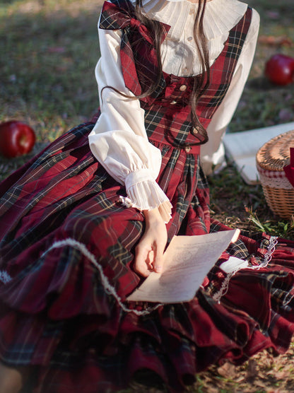 Little Red Riding Hood Cape Ribbon Coat + Pleated Collar Shirt + Plaid Tiered Dress + Head Scarf